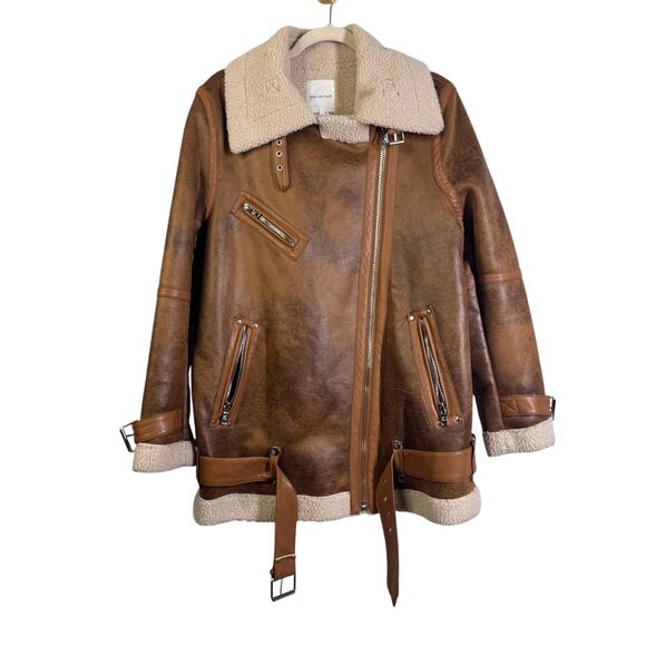 AVEC LES FILLES Coat Large Faux Leather Shearling Moto Jacket Notched Collar - Picture 3 of 15